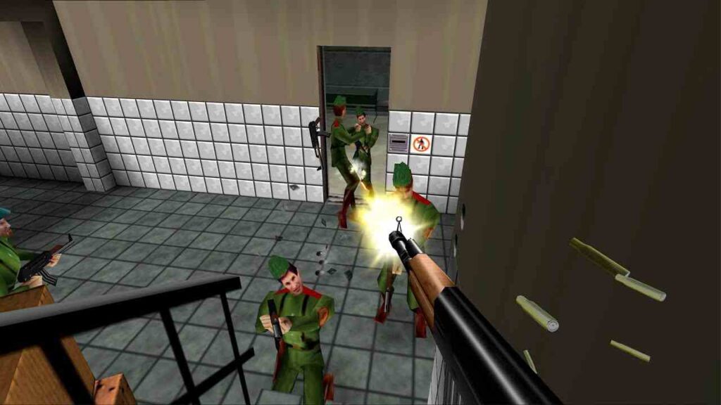 GoldenEye 007 (1997) gameplay where player shooting at the enemies. It's definitely one of the best games based on movies. 