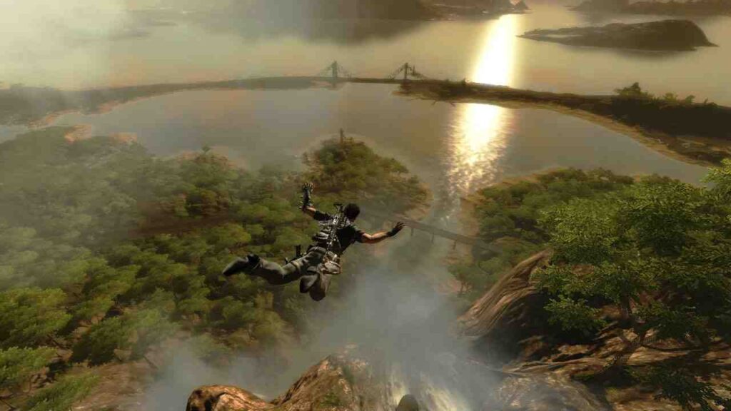 Rico Rodriguez using grappling hook and parachute in Just Cause 2 action sandbox game