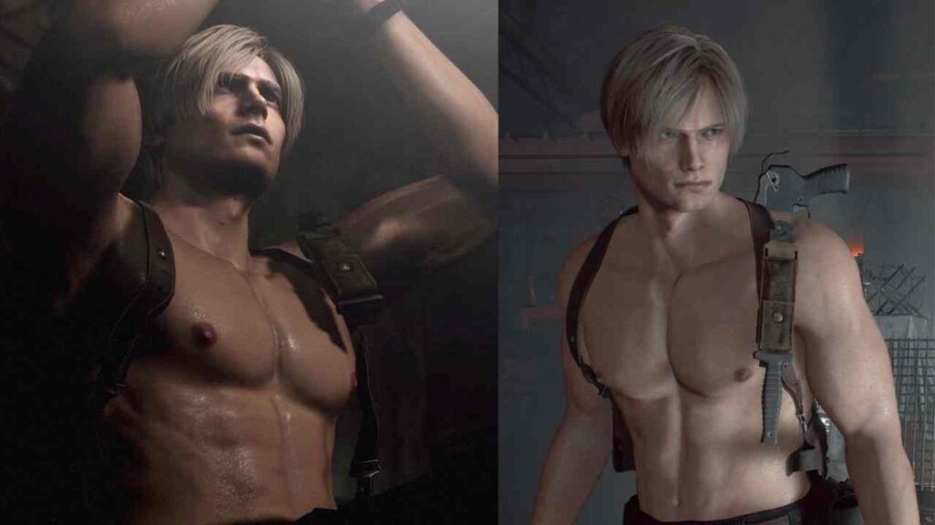 Leon Scott Kennedy without shirt and showing Abs in two pictures. 