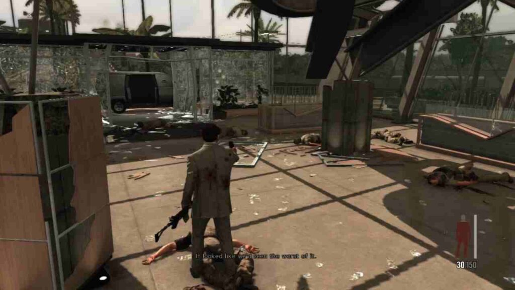 Older Max Payne in slow motion shootout from Max Payne 3 cinematic action game