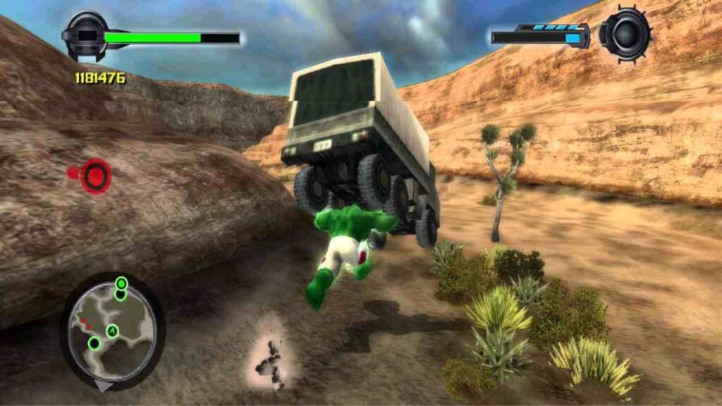 The Incredible Hulk: Ultimate Destruction (2005): Hulk throwing army truck in the gameplay screenshot. 