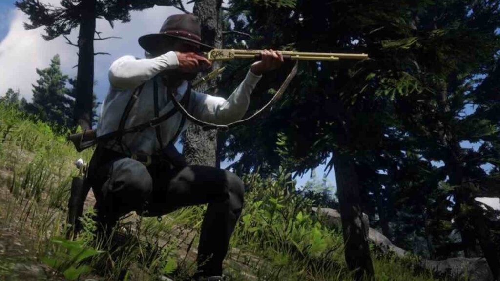 Arthur  Morgan hunting down preys in Red Dead Redemption 2. 