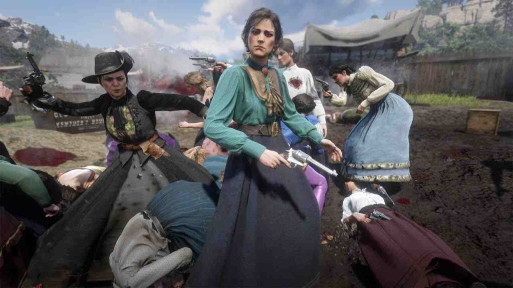 Addie Sadler standing with a gun amongst a few women who are shooting at each other. 