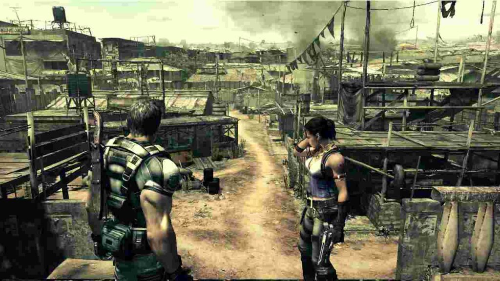 Chris and Sheva fighting infected enemies in Resident Evil 5 co-op horror gameplay on PC