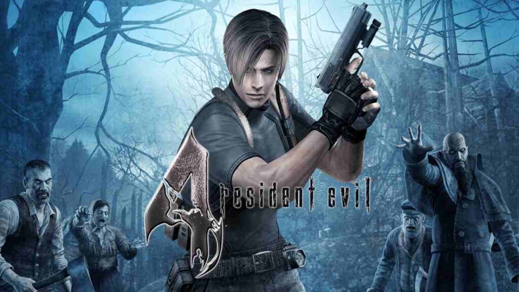 Leon Kennedy aiming at infected villagers in Resident Evil 4 action horror game