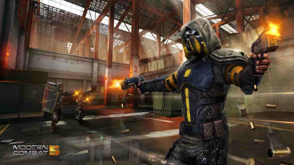Modern Combat 5: Blackout game poster character shooting on enemies.
