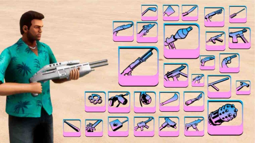 Tommy Vercetti Holding guns and all the gun icons in GTA Vice City Remastered