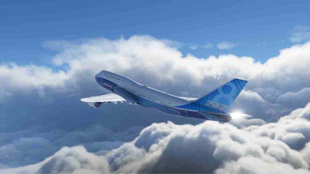 Microsoft Flight Simulator Gameplay Screenshot where 747 plane is flying