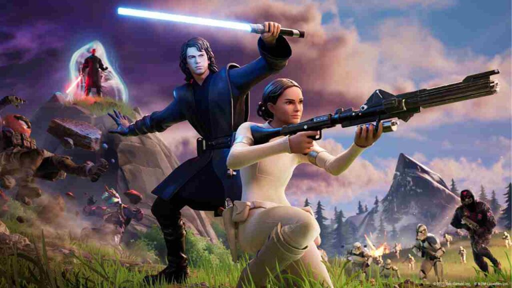 Star Wars X Fortnite: Characters like Natalie Portman shooting at enemies