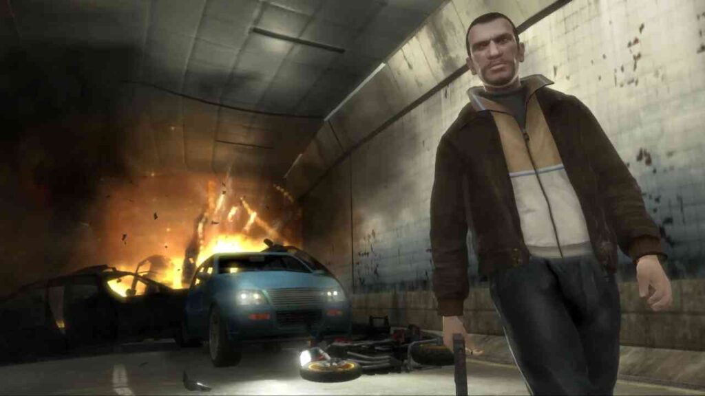 GTA IV Gameplay screenshot while niko is walking away from explosion.